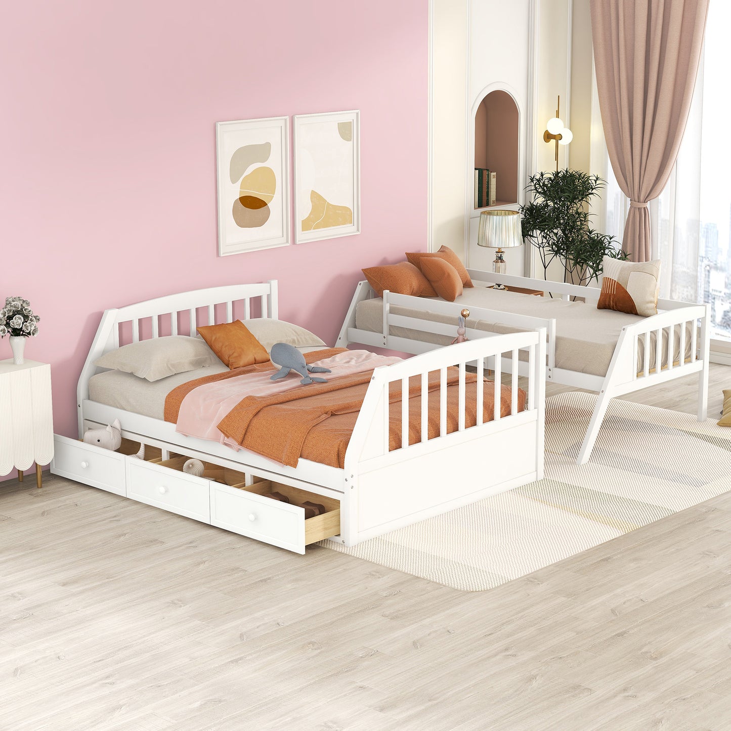 White Bunk Bed with Drawers, Ladder, and Storage Staircase for Twin and Full Sizes