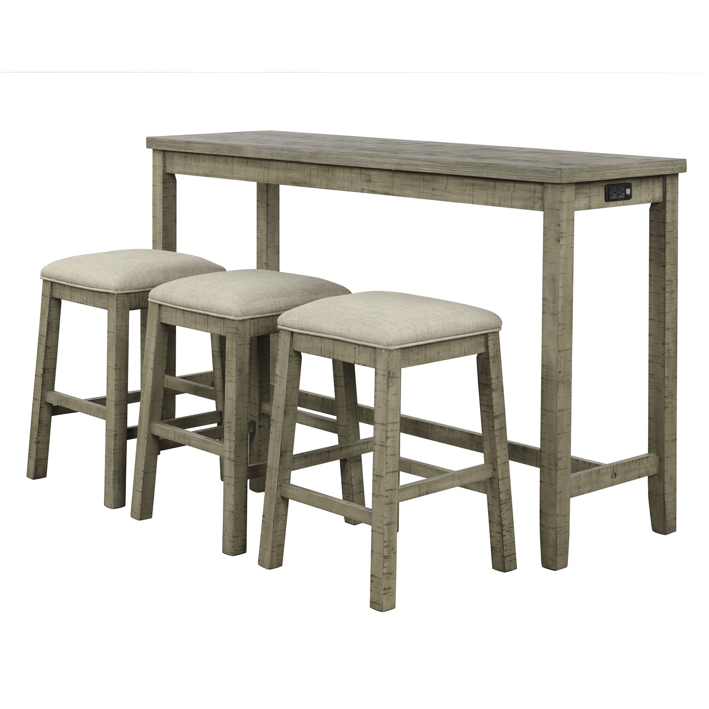 4 Pieces Counter Height Table with Fabric Padded Stools,Rustic Bar Dining Set with Socket,Gray Green