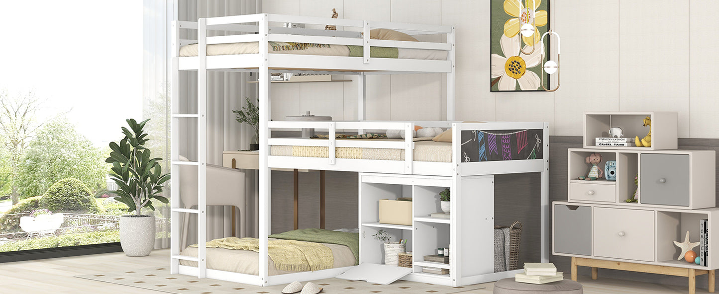 L-Shaped Triple Bunk Bed with Storage Cabinet, Blackboard, and White Finish - Innovative Space-Saving Solution