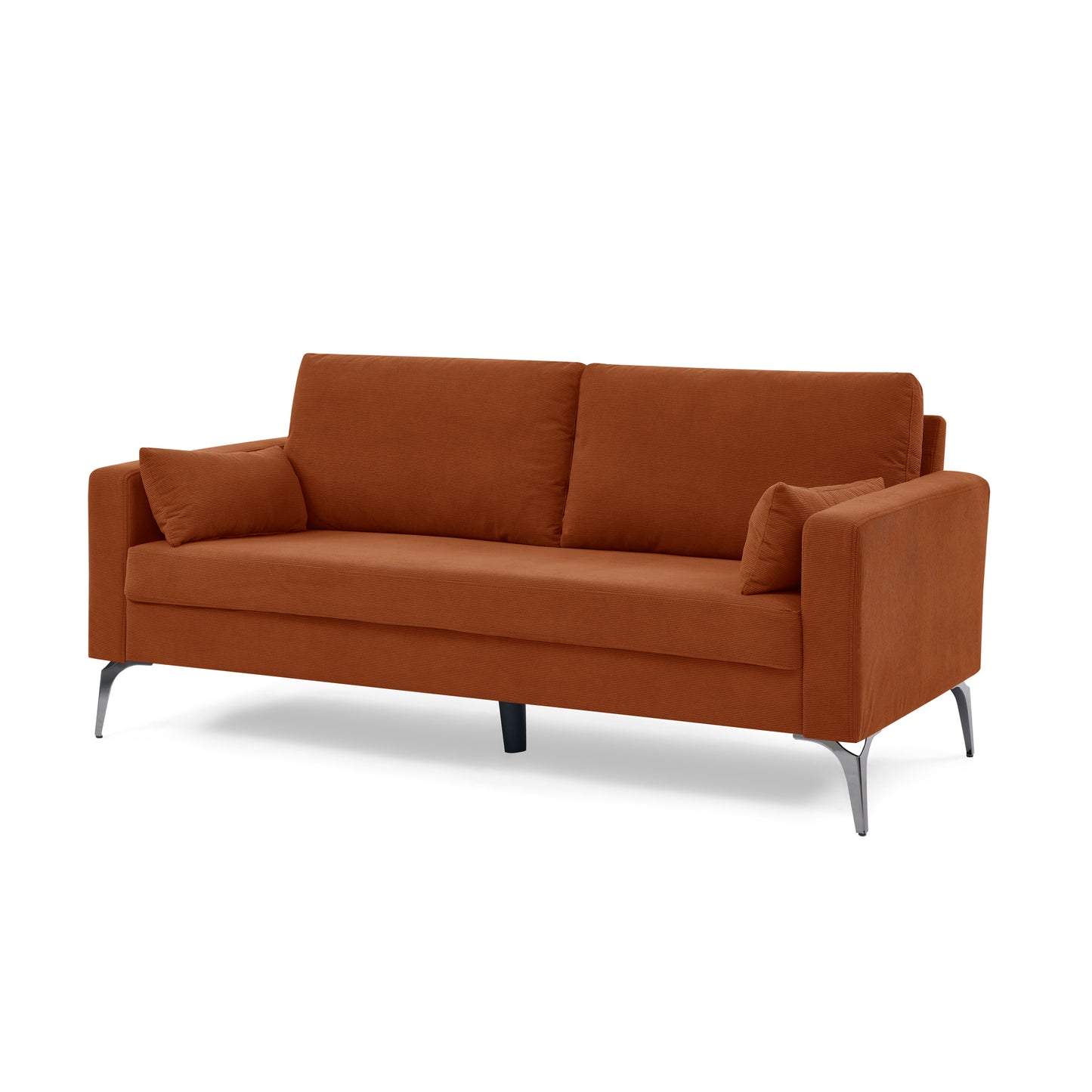 Corduroy Orange 3-Seater Sofa with Square Arms and Tight Back, Including Two Small Pillows