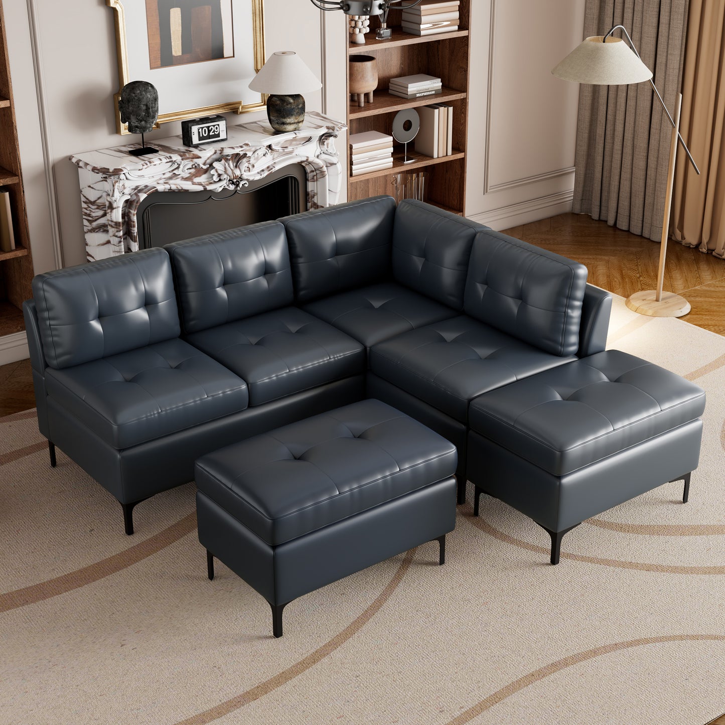 Blue L-Shaped Sectional Sofa Set with Movable Storage Ottomans