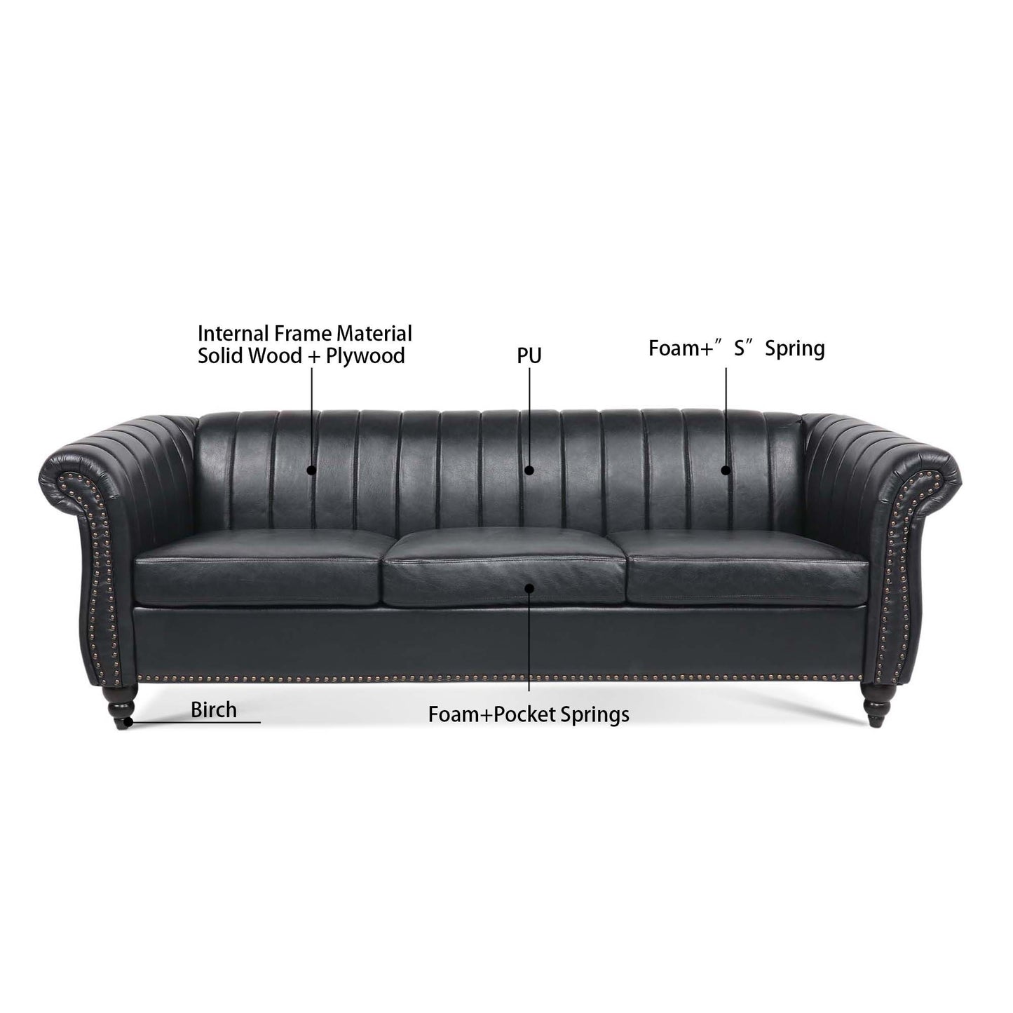 Elegant Black PU Rolled Arm Chesterfield Three-Seater Sofa, 83.46