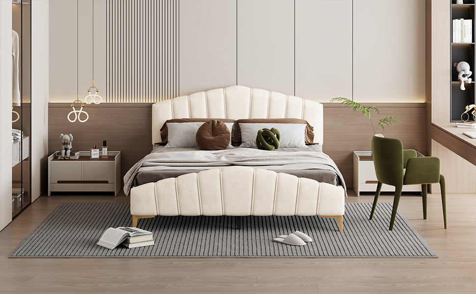 Queen Size Velvet Platform Bed with Thick Fabric, Stylish Stripe Decorated Bedboard and Elegant Metal Bed Leg, Beige