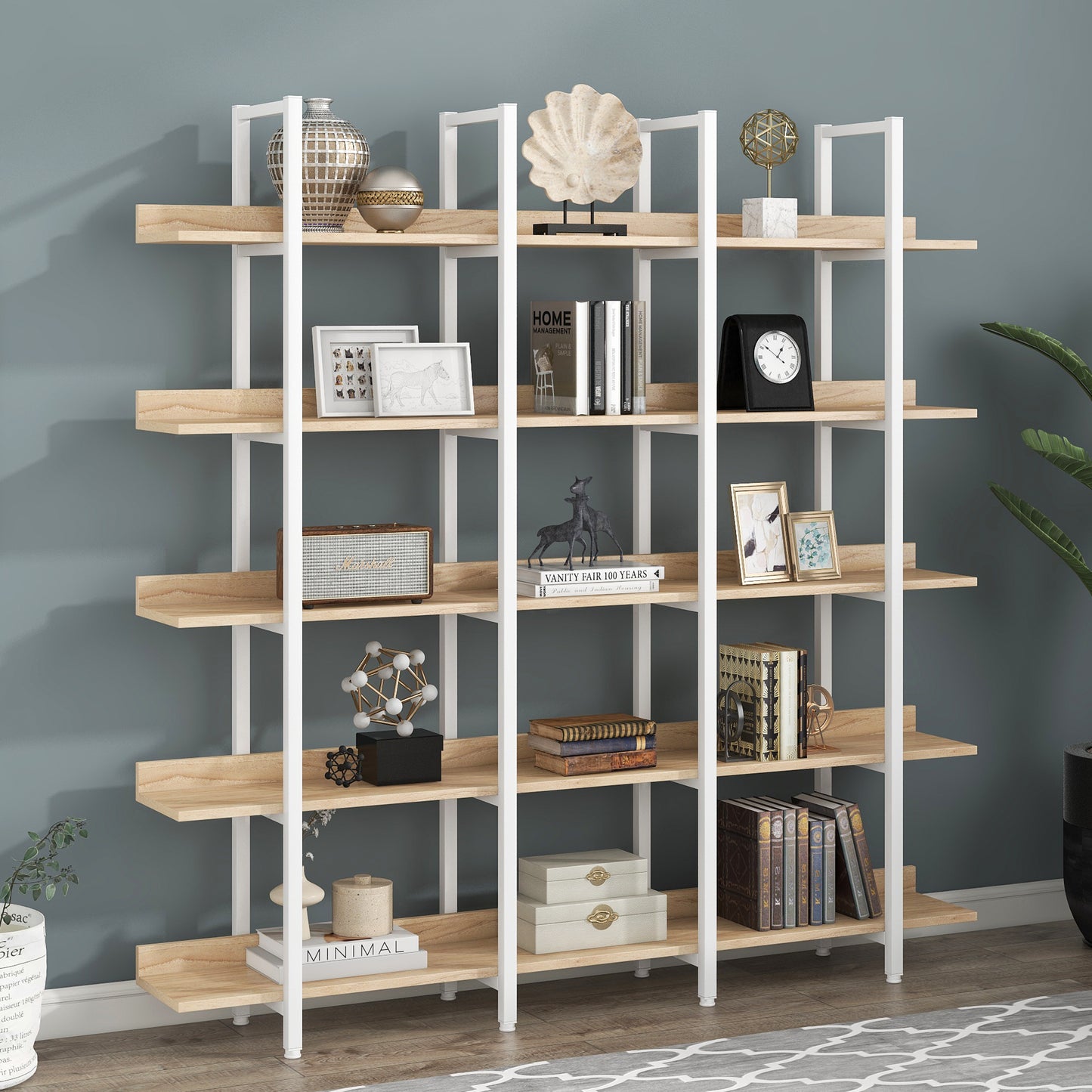 5 Tier Bookcase Home Office Open Bookshelf, Vintage Industrial Style Shelf, MDF Board, White Metal Frame, Oak