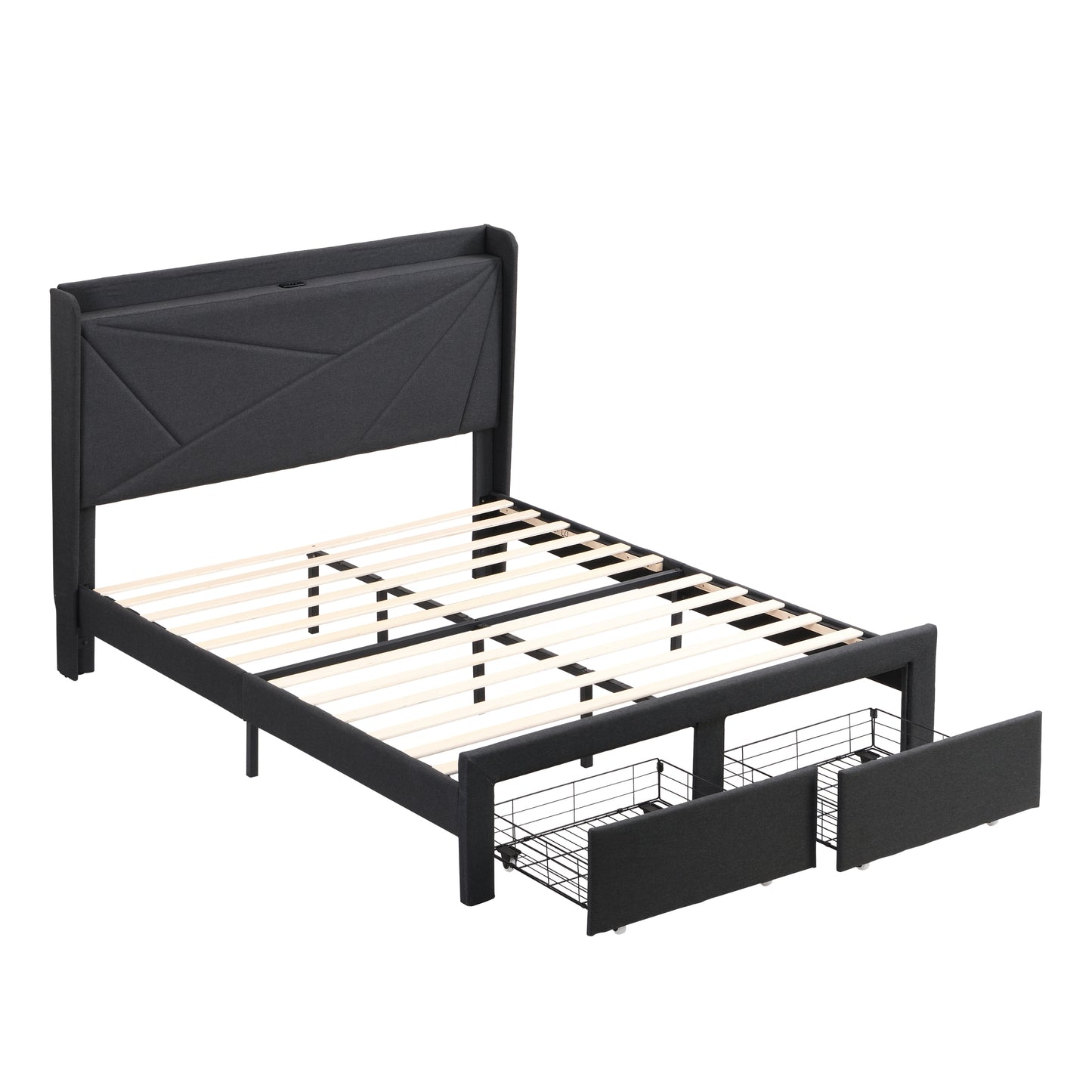 Full Size Bed Frame with 2 Storage Drawers, Upholstered Bed Frame with Wingback Headboard Storage Shelf Built-in USB Charging Stations and Strong Wood Slats Support, No Box Spring Needed, Dark Gray