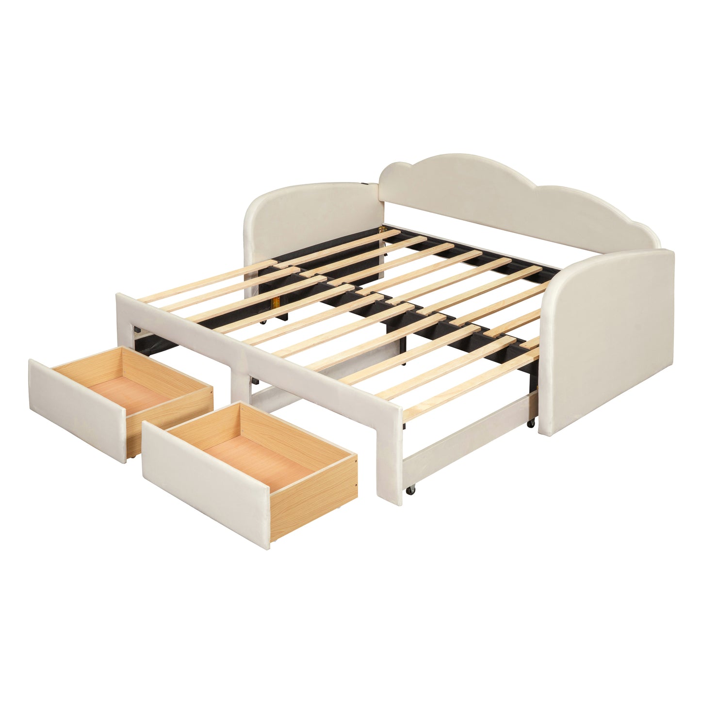 Twin Size Upholstered daybed with Cloud-Shaped Backrest, Trundle & 2 Drawers and USB Ports, Beige