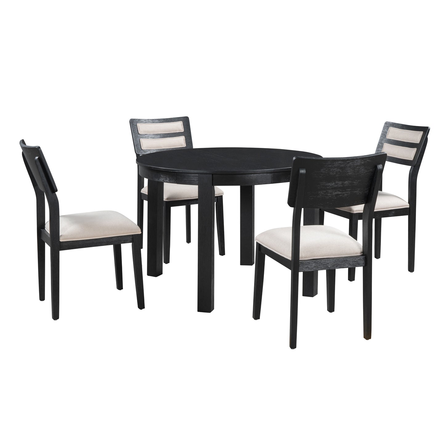 TREXM 5-Piece Multifunctional Dining Table Set, Farmhouse Dining Set with Extendable Round Table,Two Small Drawers and 4 Upholstered Dining Chairs for Kitchen and Dining Room (Black)