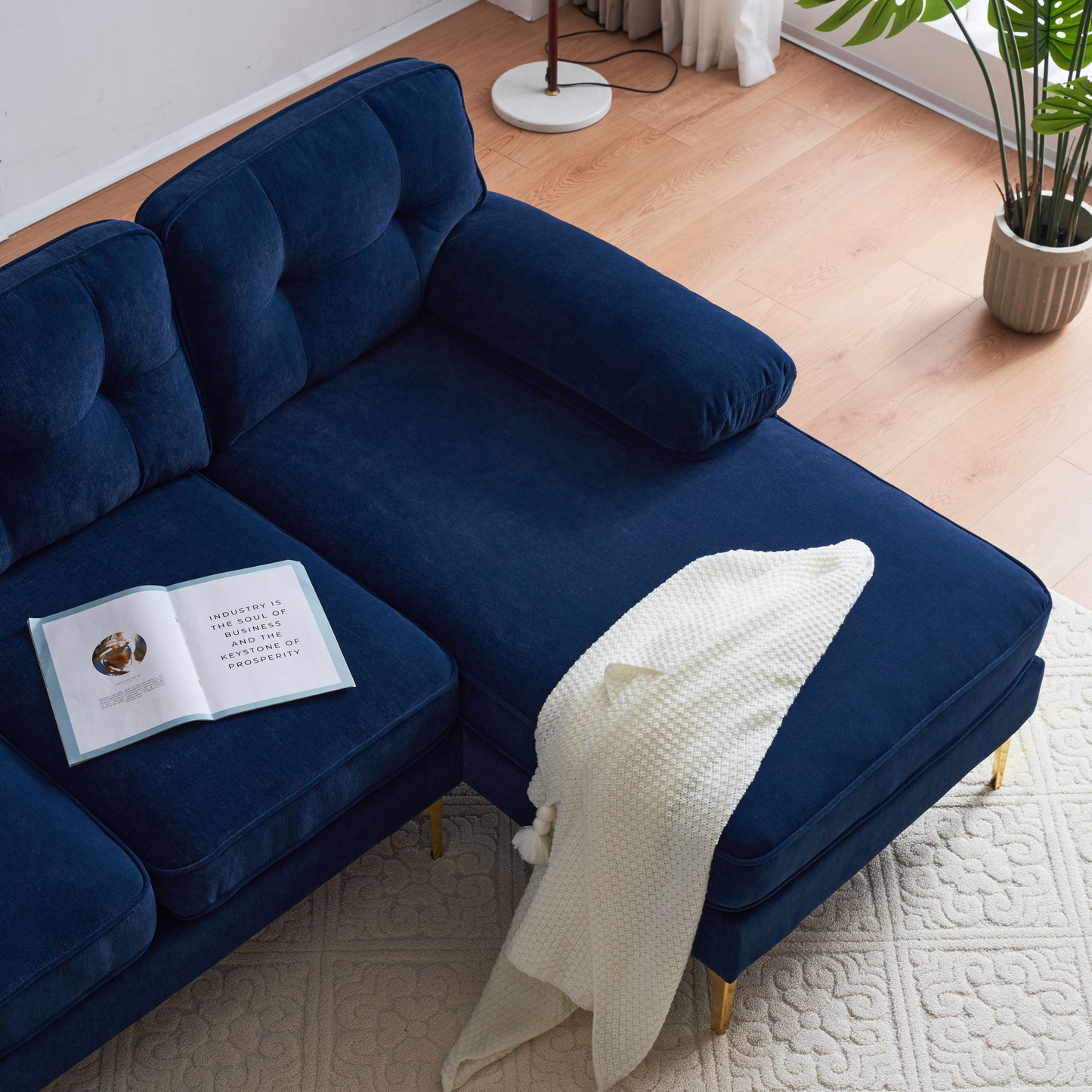 83 Blue Velvet L-Shaped Sectional Sofa with Mid-Century Modern Vibes