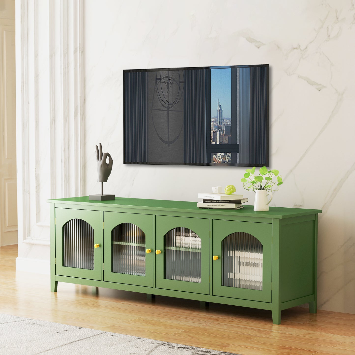 Stylish 71-Inch TV Cabinet with Rainbow Glass Doors and Retro Green Finish