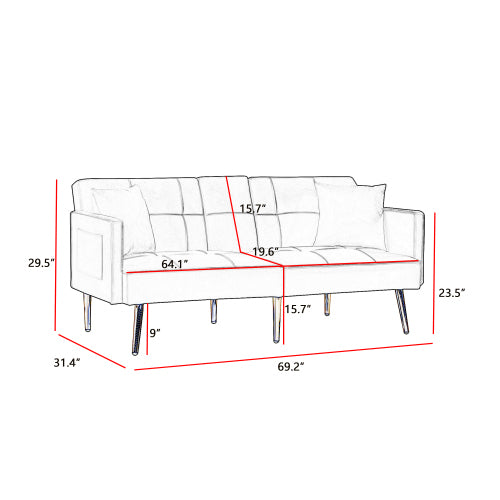 Cream White Velvet Futon Sofa Bed with Gold Metal Legs