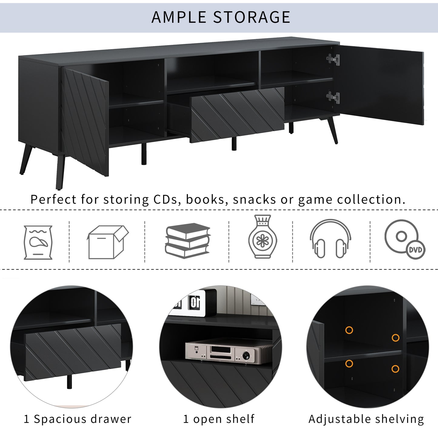 Sleek TV Console Stand with Adjustable Shelves and Drawer for Living Room