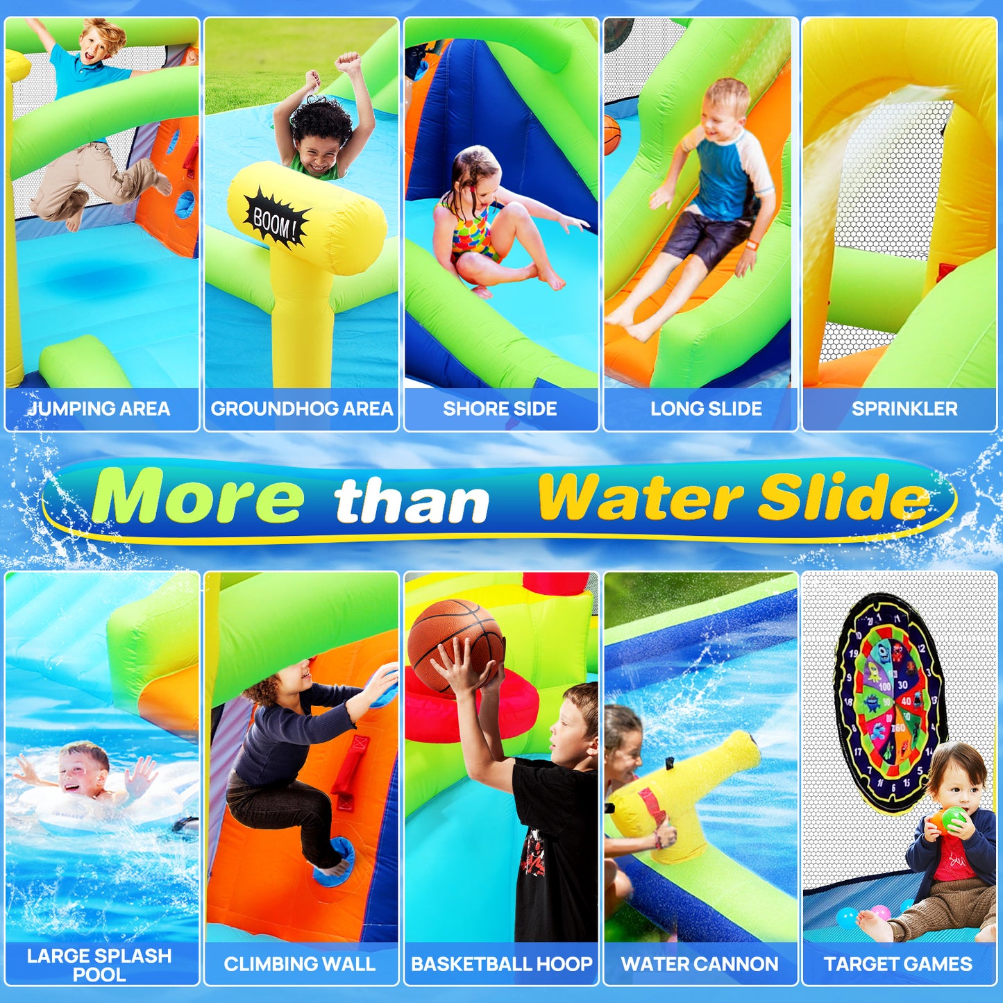 7-in-1 Inflatable Water Park Bouncer with Whack-a-Mole Games and Splash Pool