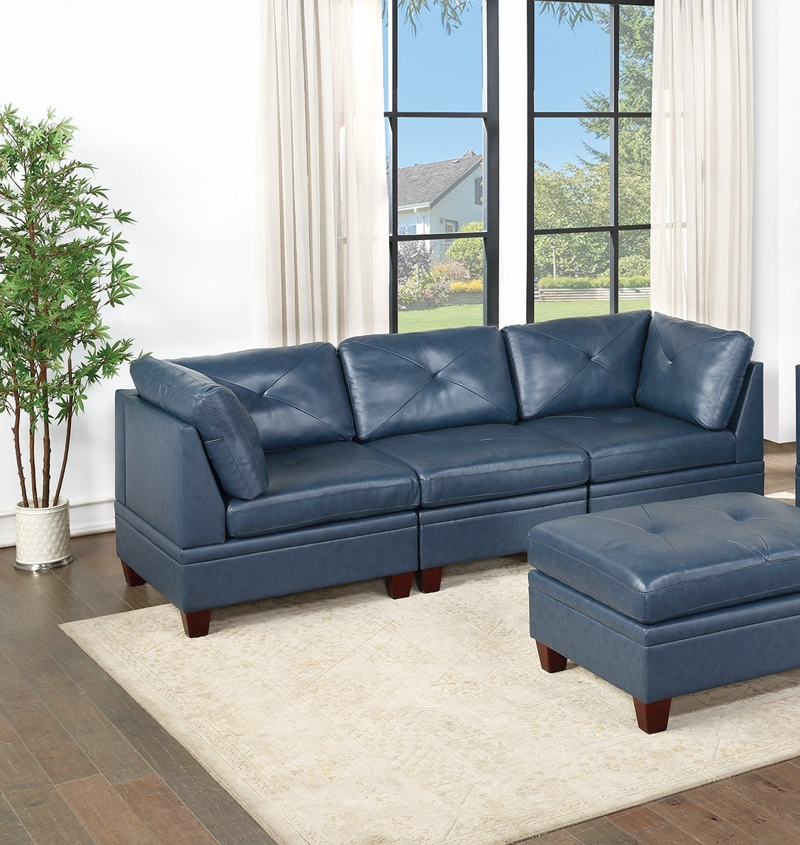 Sumptuous Ink Blue Genuine Leather 6pc Modular Sofa Set with Tufted Details