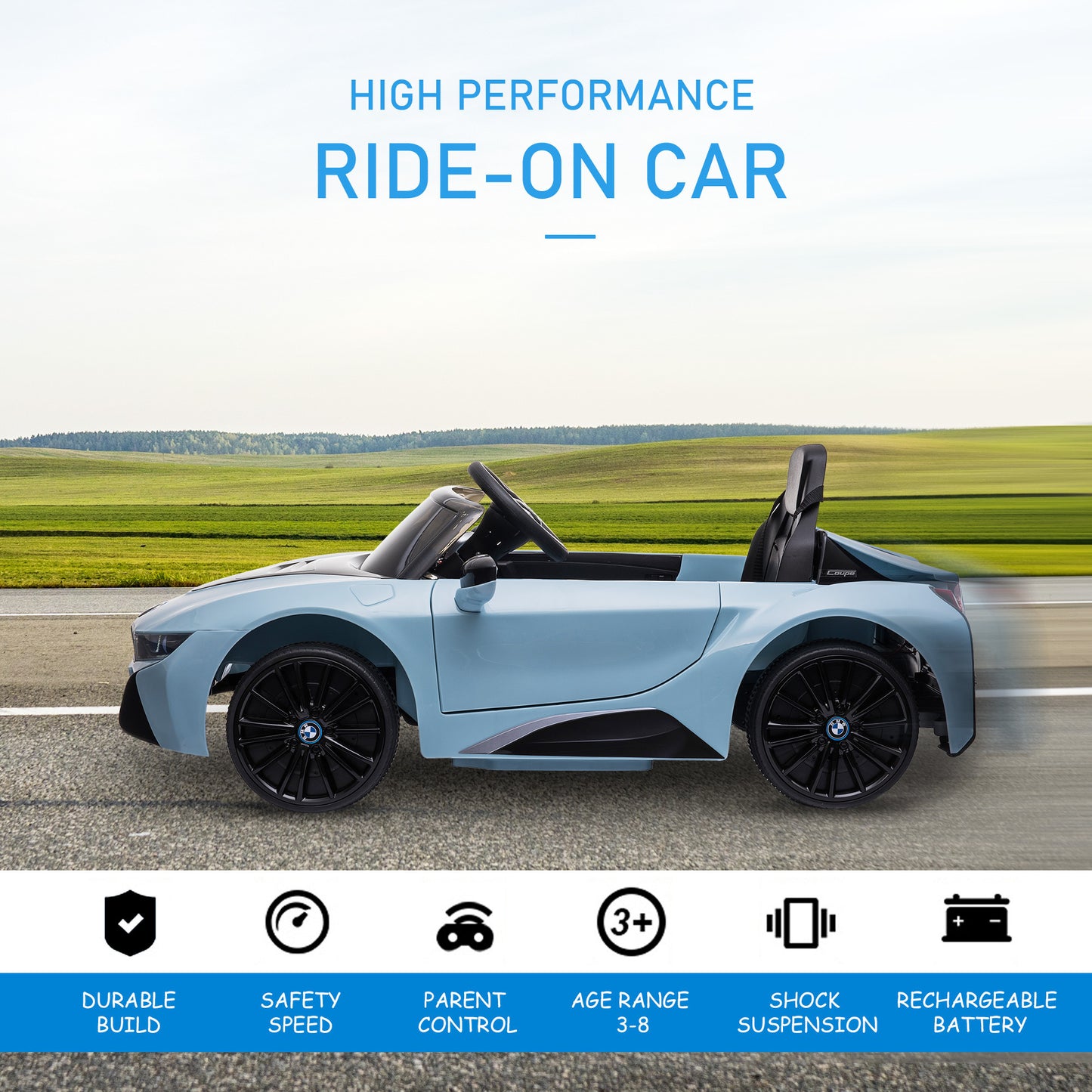 Licensed BMW I8 Coupe Electric Kids Ride-On Car 6V Battery Powered Toy with Remote Control Music Horn Lights MP3 Suspension Wheels for 37-96months old Blue