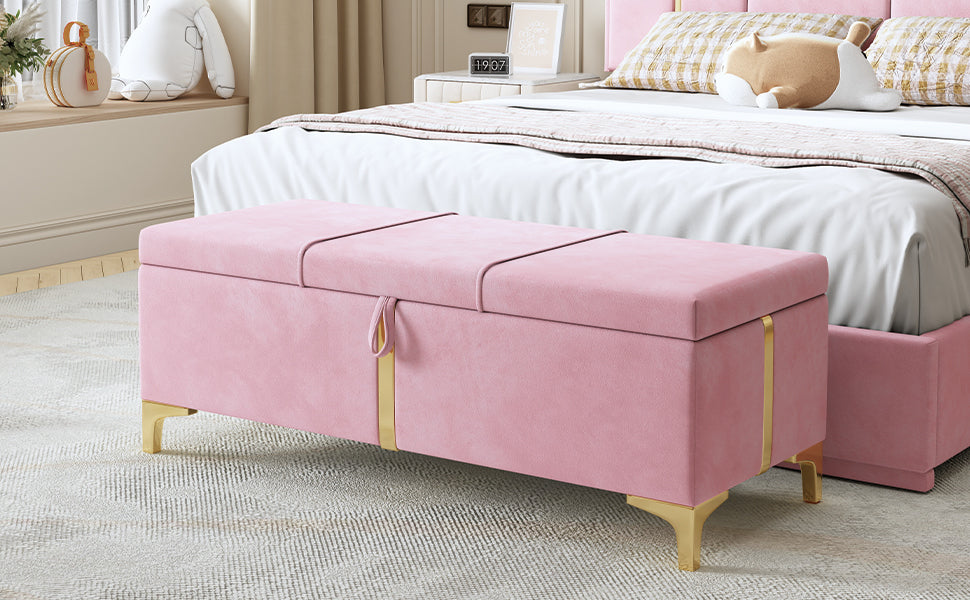 Elegant Upholstered Storage Ottoman,Storage Bench with Metal Legs for Bedroom,Living Room,Fully Assembled Except Legs,Pink