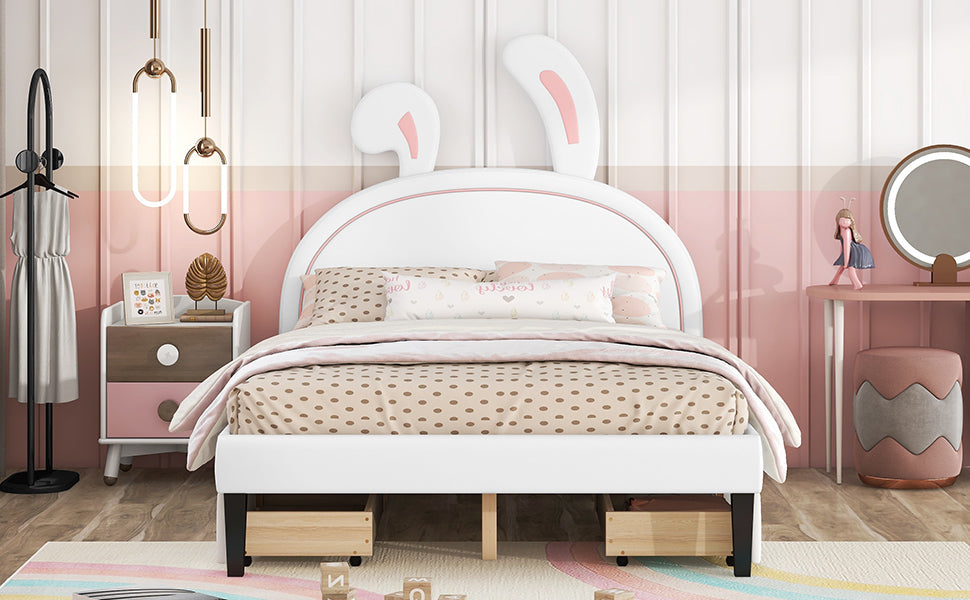 Full Size Upholstered Leather Platform Bed with Rabbit Ornament and 4 Drawers, White