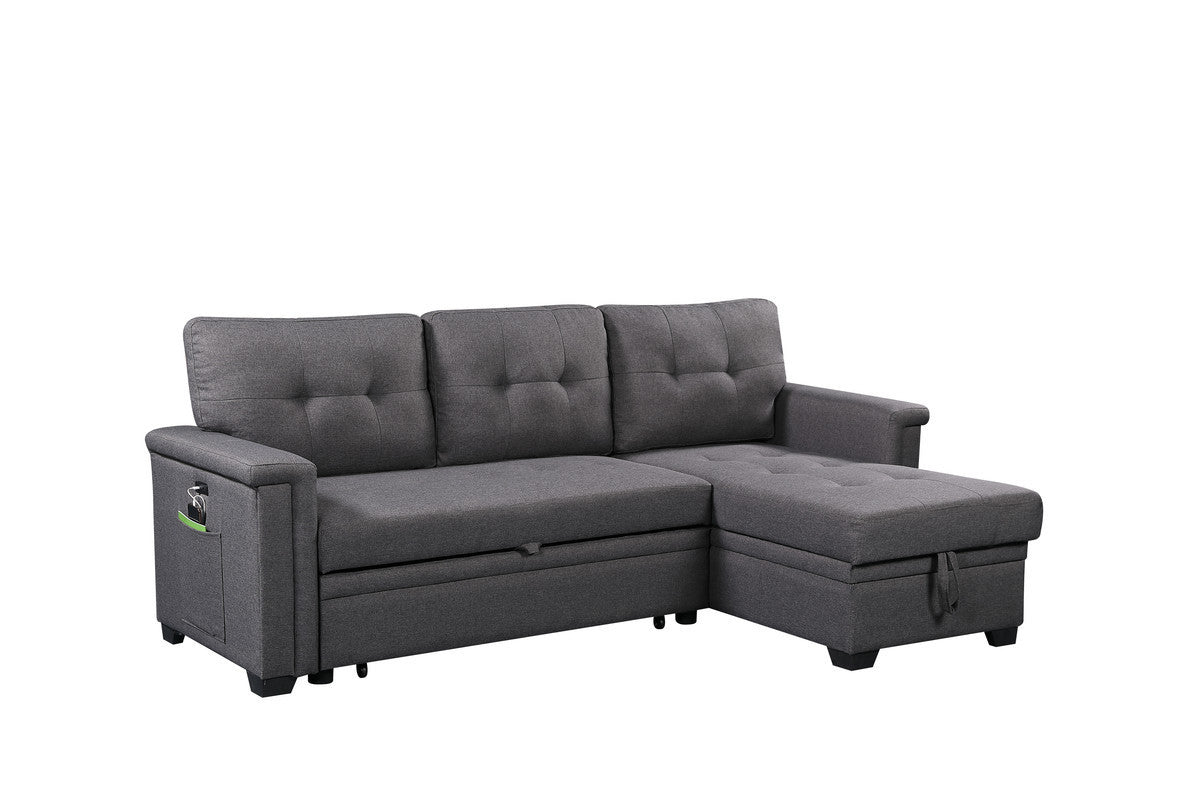 Nathan Charcoal Gray L-Shaped Sleeper Sectional Sofa with Storage Chaise, USB Charging Ports and Pocket