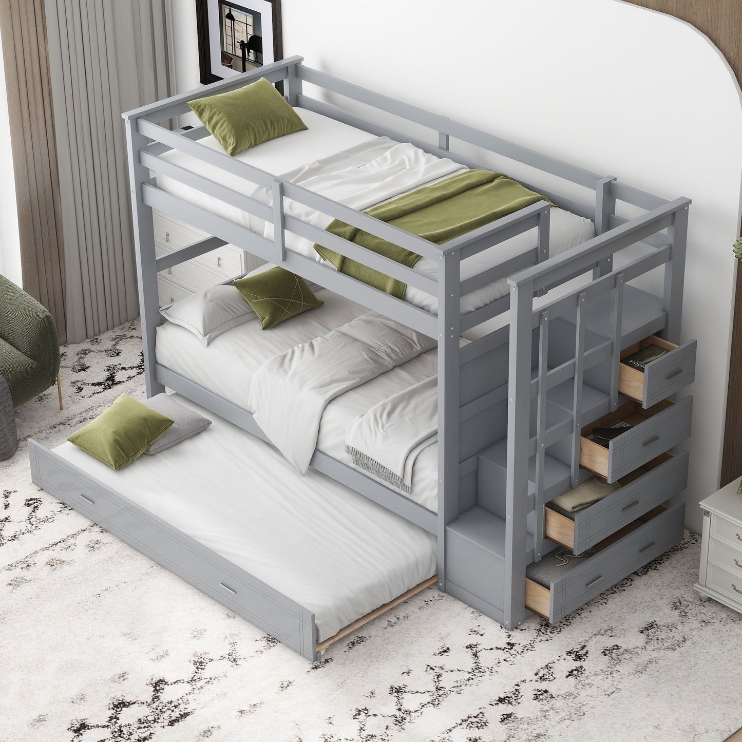 Gray Twin Bunk Bed with Trundle Staircase