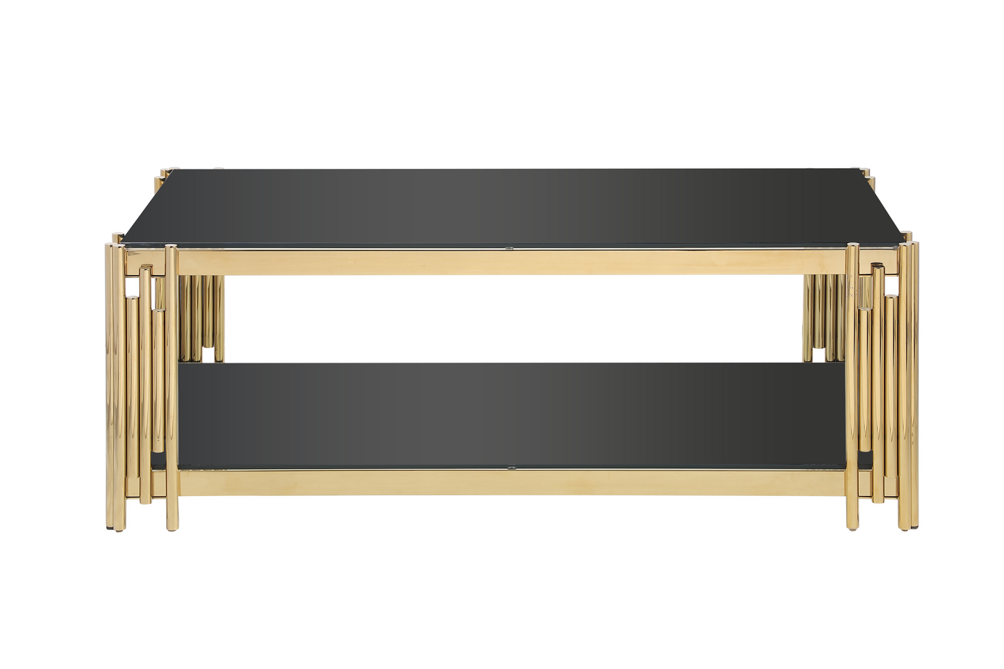 48-Inch Wide Golden Stainless Steel Coffee Table with Double-Layer Black Tempered Glass Top