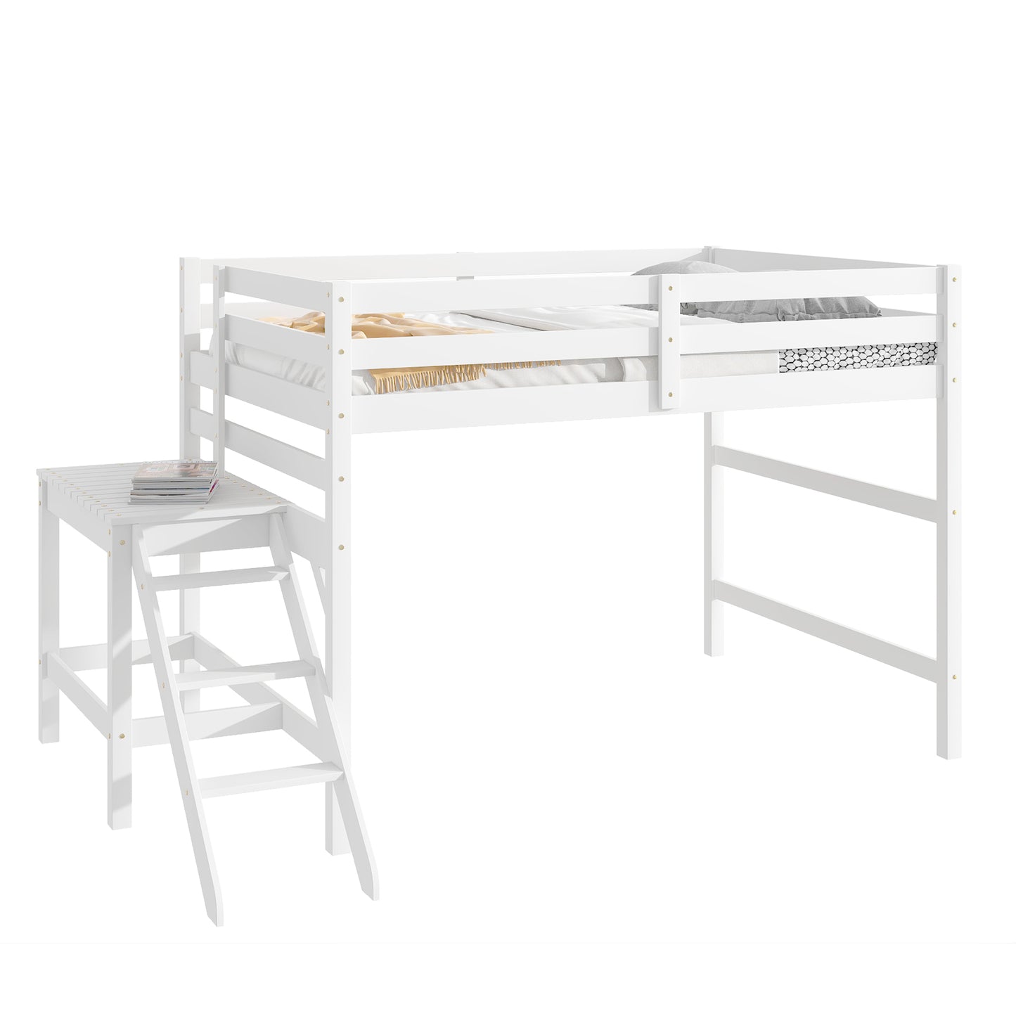 Full Loft Bed with Platform,ladder,White