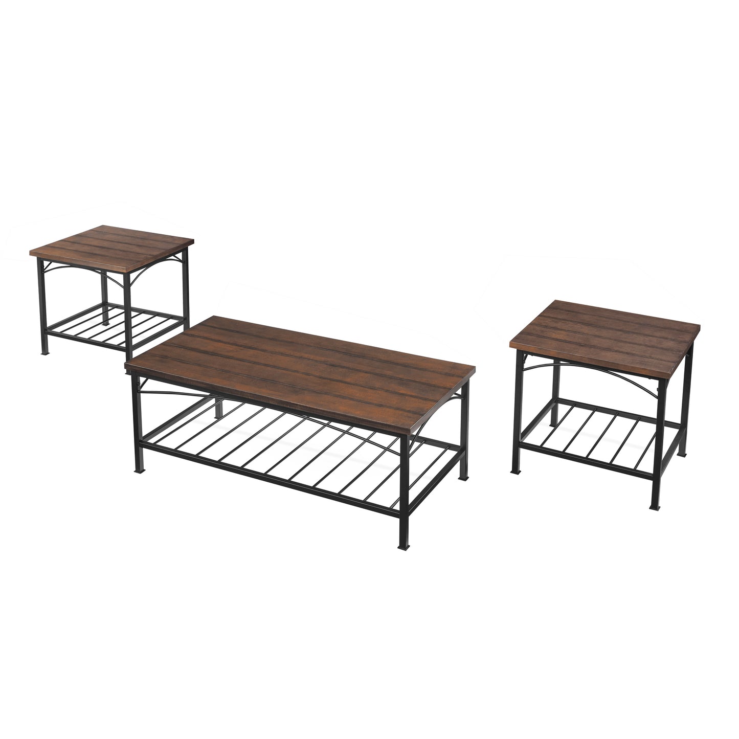 3 Piece Rustic Brown Coffee Table Set with Open Storage for Home and Office