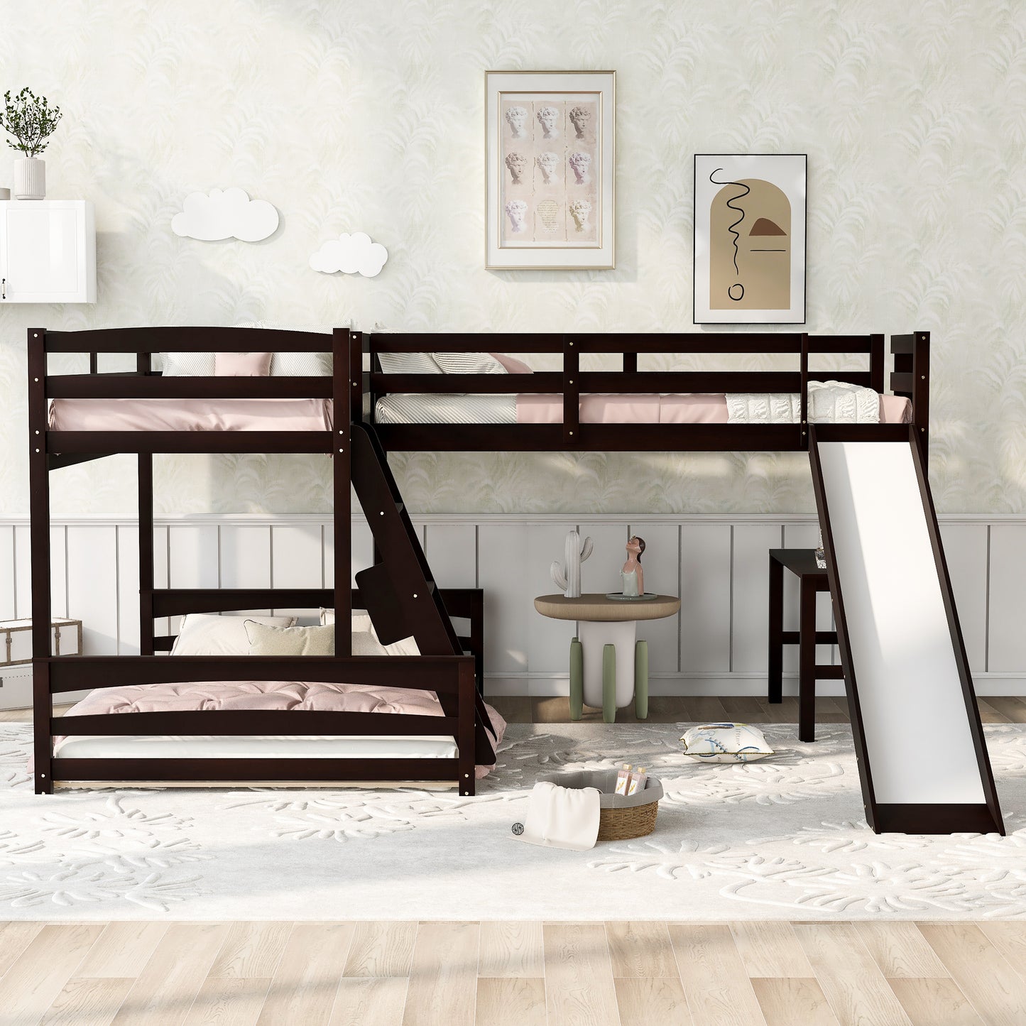 Ultimate Combo Bunk Bed with Loft Bed, Desk, and Slide - Espresso Twin over Full