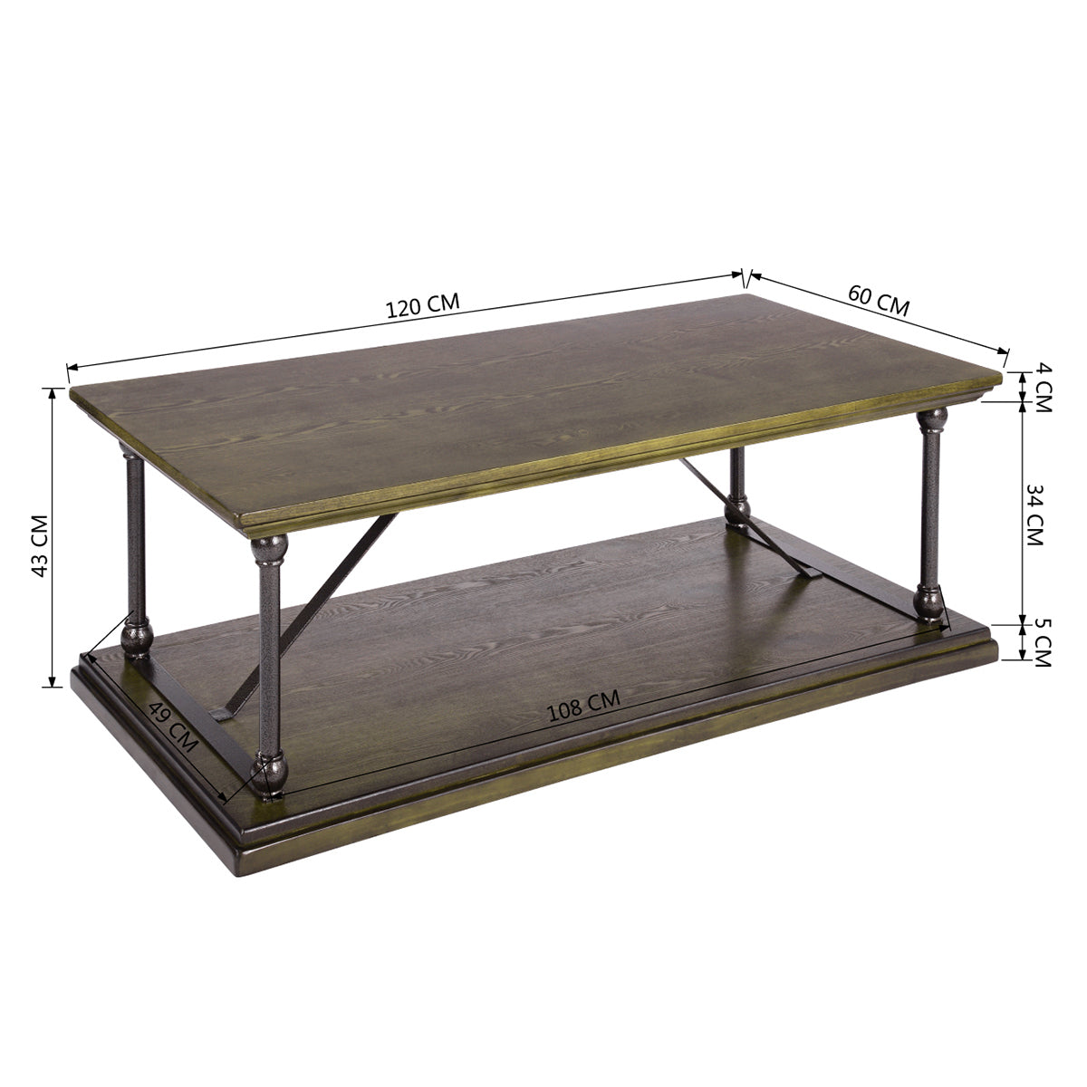 Brown and Black Country Style Coffee Table with Bottom Shelf - 47.2 W X 23.6 D X 16.9 H