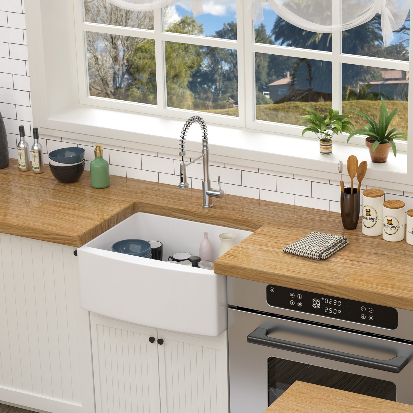 White Ceramic Farmhouse Kitchen Sink - Elegant 24-Inch Single Bowl with Arch Edge Apron