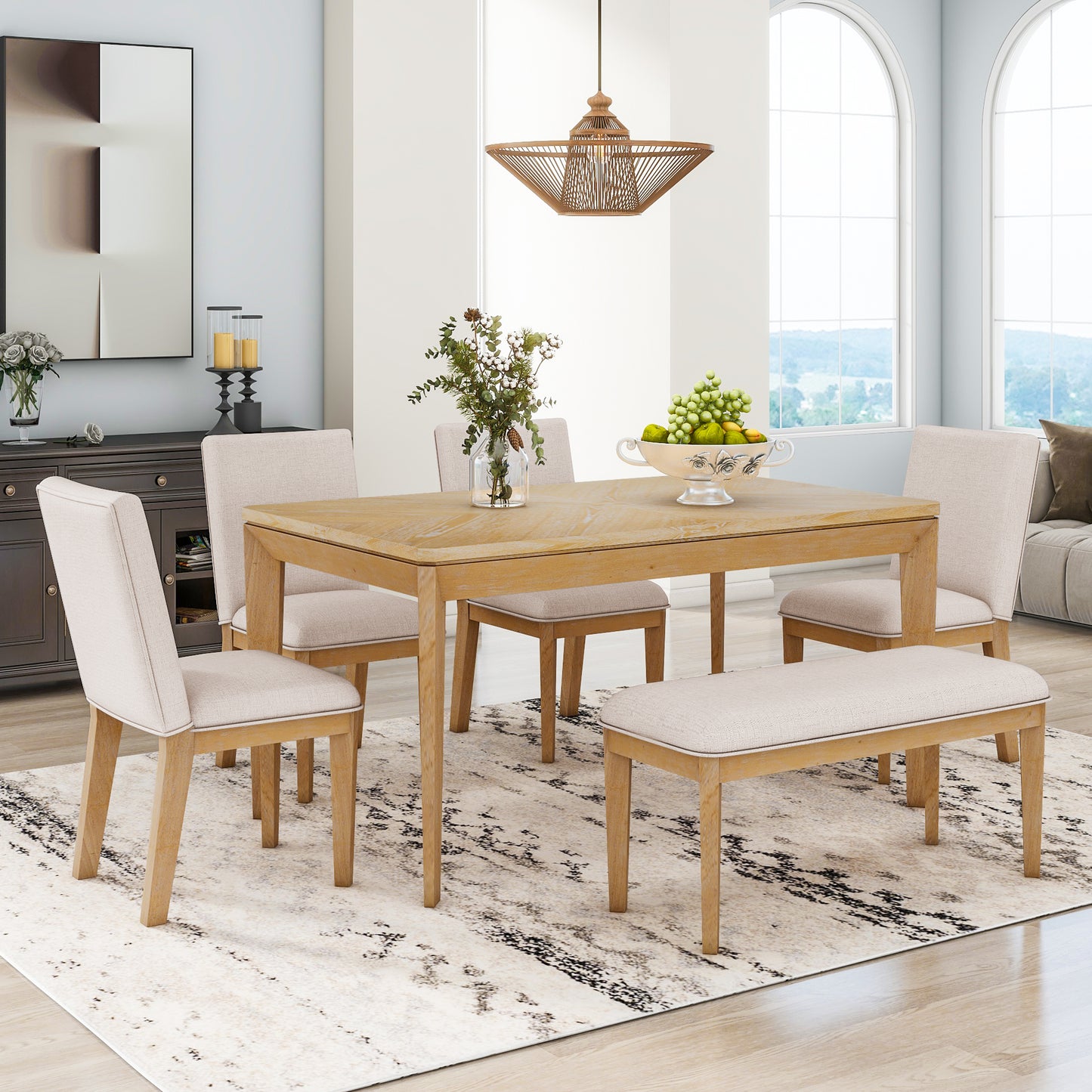 6-Piece Dining Table Set with Upholstered Dining Chairs and Bench,Farmhouse Style, Tapered Legs, Natural+Beige