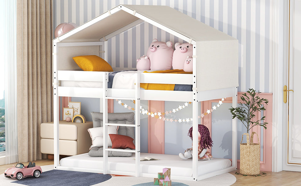 White House-Shaped Twin Over Twin Bunk Bed with Playhouse Tent