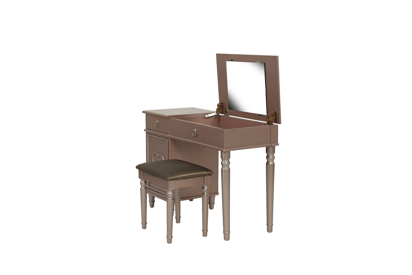 Bedroom Vanity Set w Stool Open Up Mirror Storage Space Drawers Rubber wood Ring Pull Handles Rose Gold Color Vanity