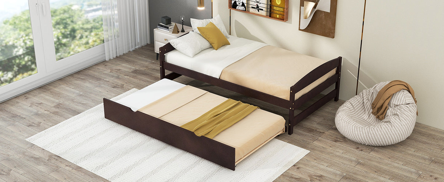 Twin Size Platform Bed with Twin Size Trundle, Espresso(Expected Arrival Time: 1.7)