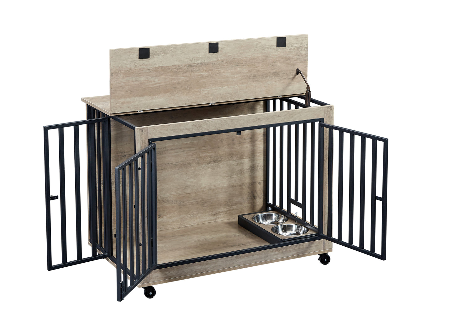 Furniture Style Dog Crate Side Table With Feeding Bowl, Wheels, Three Doors, Flip-Up Top Opening. Indoor, Grey, 38.58"W x 25.2"D x 27.17"H