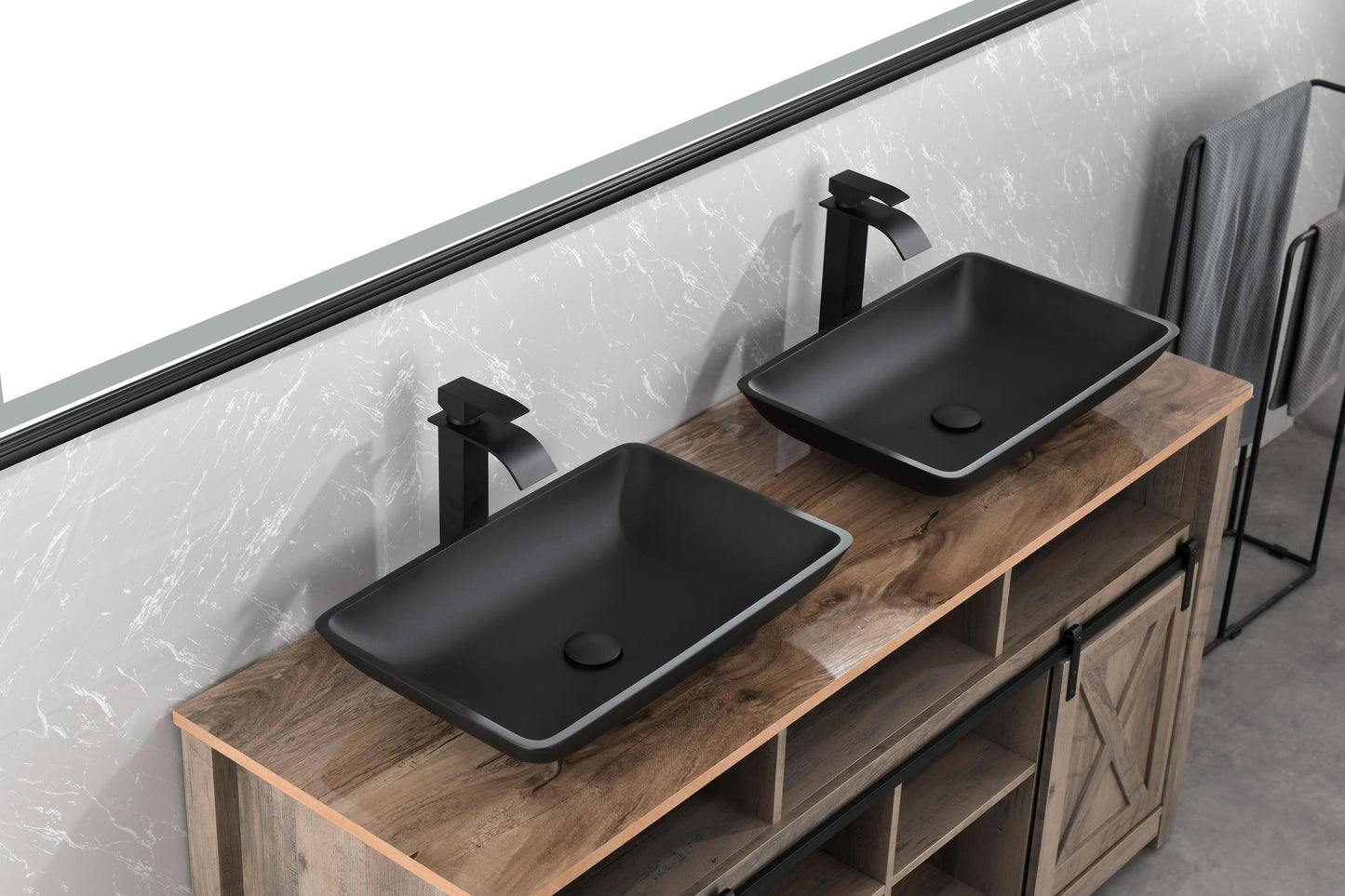 Black Matte Glass Rectangular Vessel Bathroom Sink Set with Faucet and Pop-Up Drain