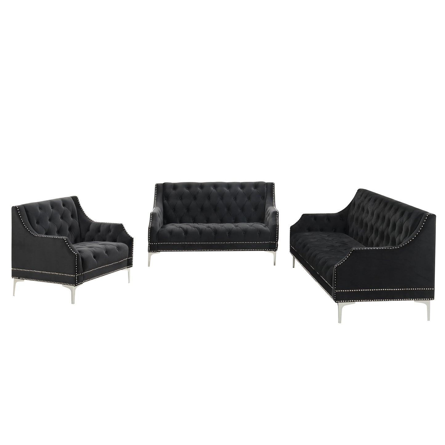 Modern three-piece sofa set with metal legs, buttoned tufted backrest, frosted velvet upholstered sofa set including three-seater sofa, double seater and living room furniture set Single chair