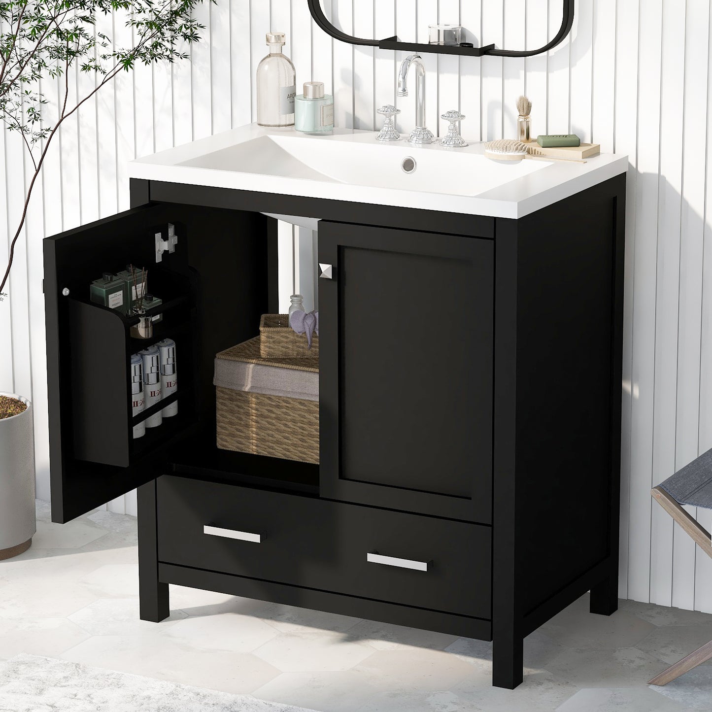 30" Black Bathroom Vanity with Single Sink, Combo Cabinet Undermount Sink, Bathroom Storage Cabinet with 2 Doors and a Drawer, Soft Closing, Multifunctional Storage, Solid Wood Frame