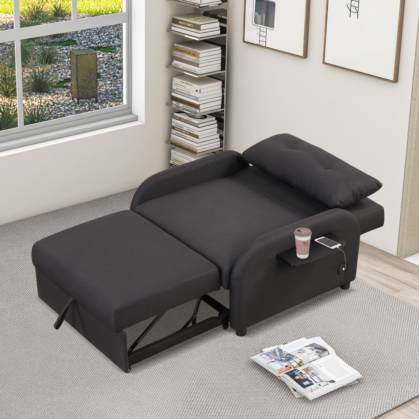 pull out sofa sleeper 3 in 1 with 2 wing table and usb charge for nap line fabric for living room recreation room Black