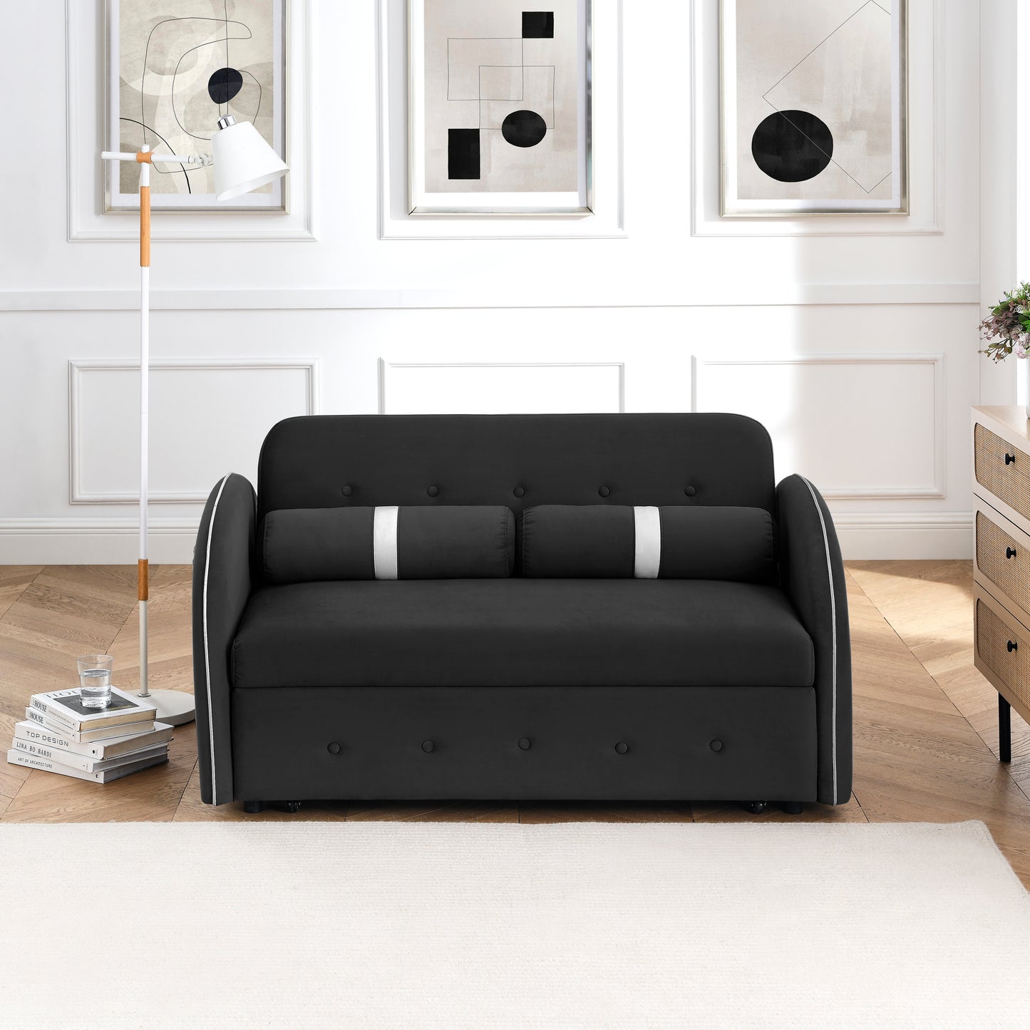 Modern 55.5" Pull Out Sleep Sofa Bed 2 Seater Loveseats Sofa Couch with side pockets, Adjsutable Backrest and Lumbar Pillows for Apartment Office Living Room