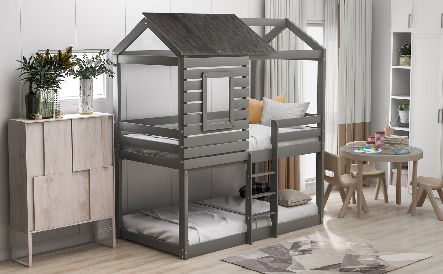 Gray Twin Over Twin Bunk Bed with Playhouse Roof and Window