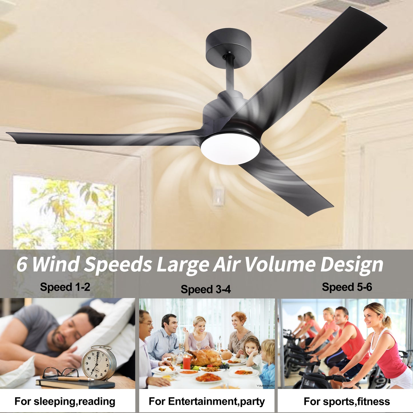 52-Inch Black Rustic Ceiling Fan with Smart Remote Control