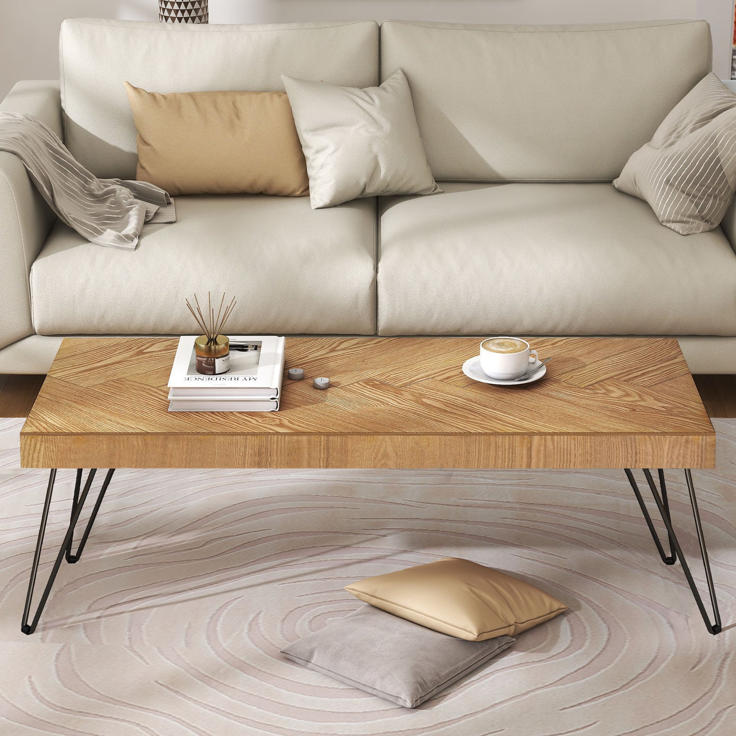 Stylish Ash Wood Coffee Table with Metal Hairpin Legs