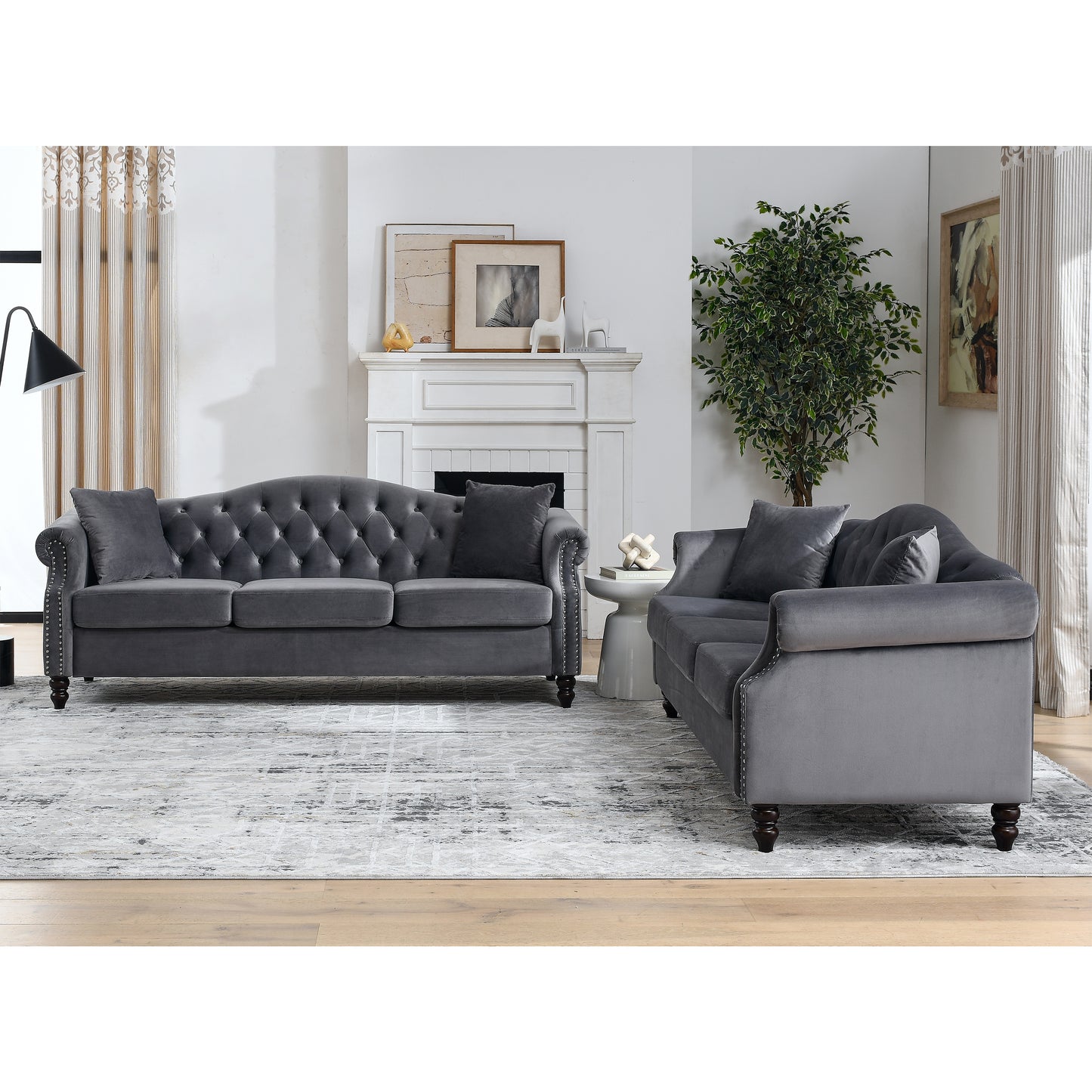 Grey Velvet Chesterfield 3-Seater Sofa Combination with Nailhead Trim