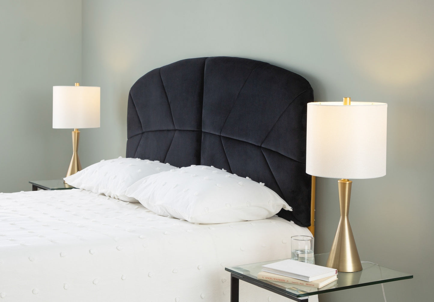 Lindsey Contemporary/Glam Queen Headboard in Gold Steel and Black Velvet by LumiSource