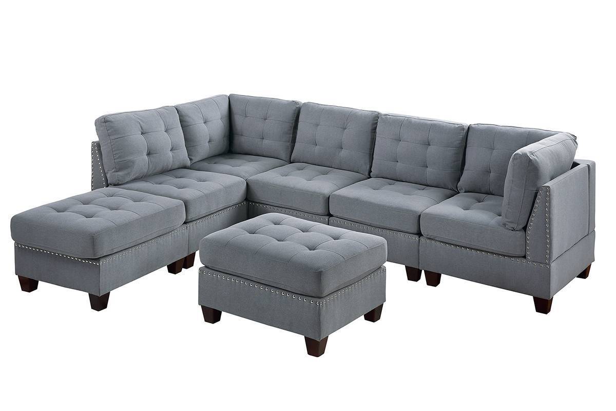 7-Piece Gray Linen-Like Modular Sectional Set with Tufted Nail Head Detailing