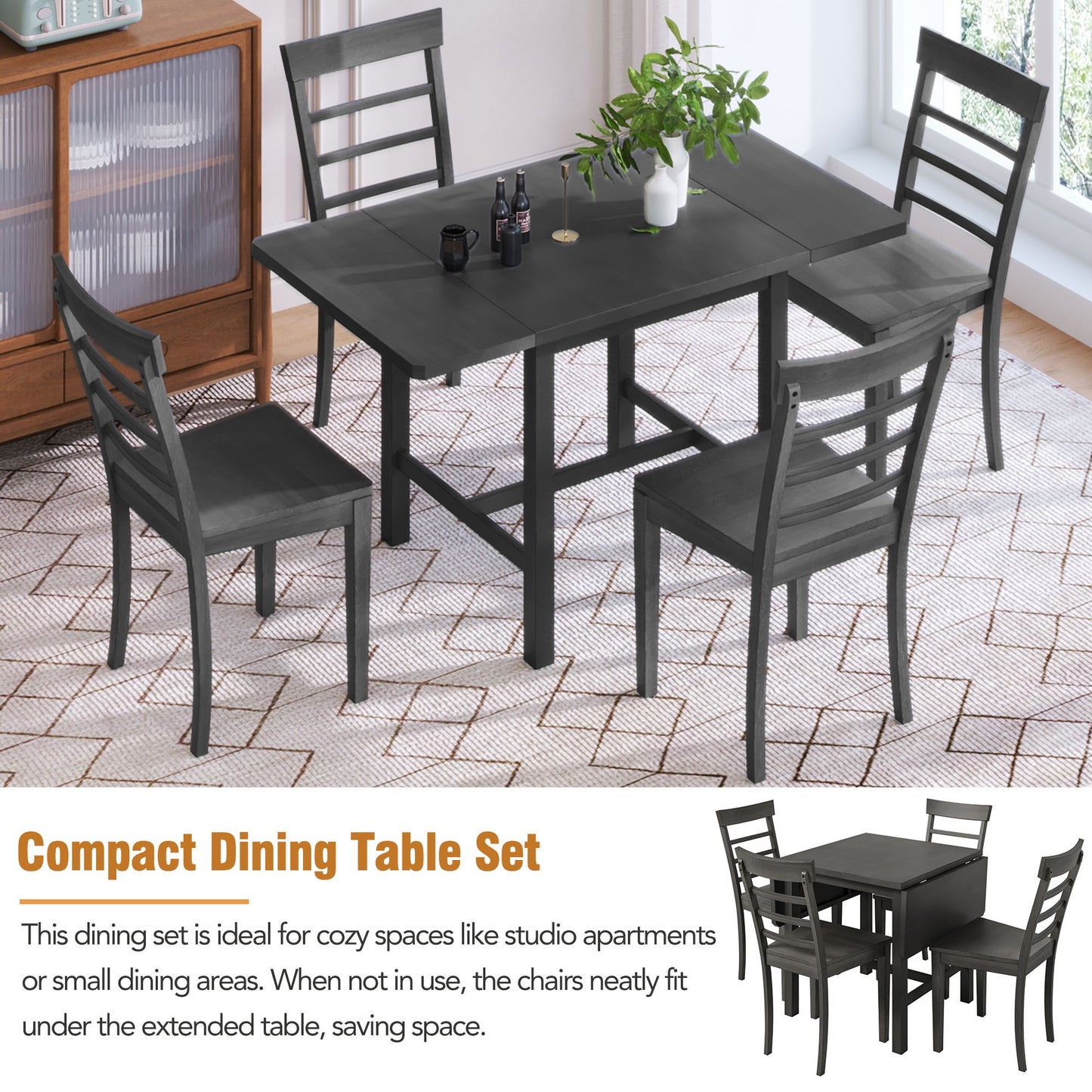 5-Piece Wood Square Drop Leaf Breakfast Nook Extendable Dining Table Set with 4 Ladder Back Chairs for Small Places, Gray