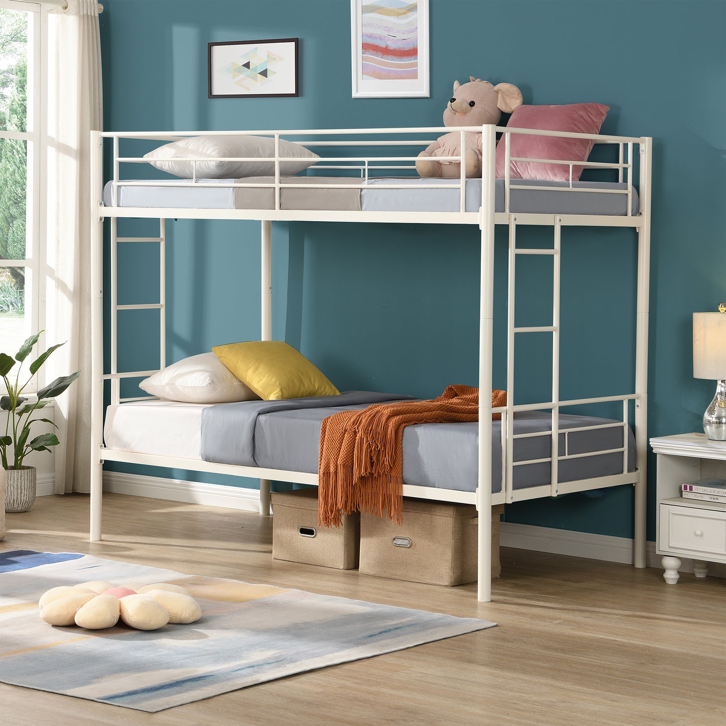 White Metal Convertible Twin Bunk Bed with Safety Guardrails and 2 Ladders