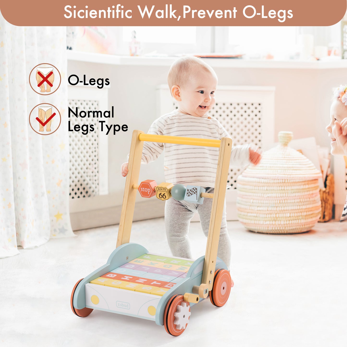 Wooden Baby Walker with Building Blocks and Resistance Knob