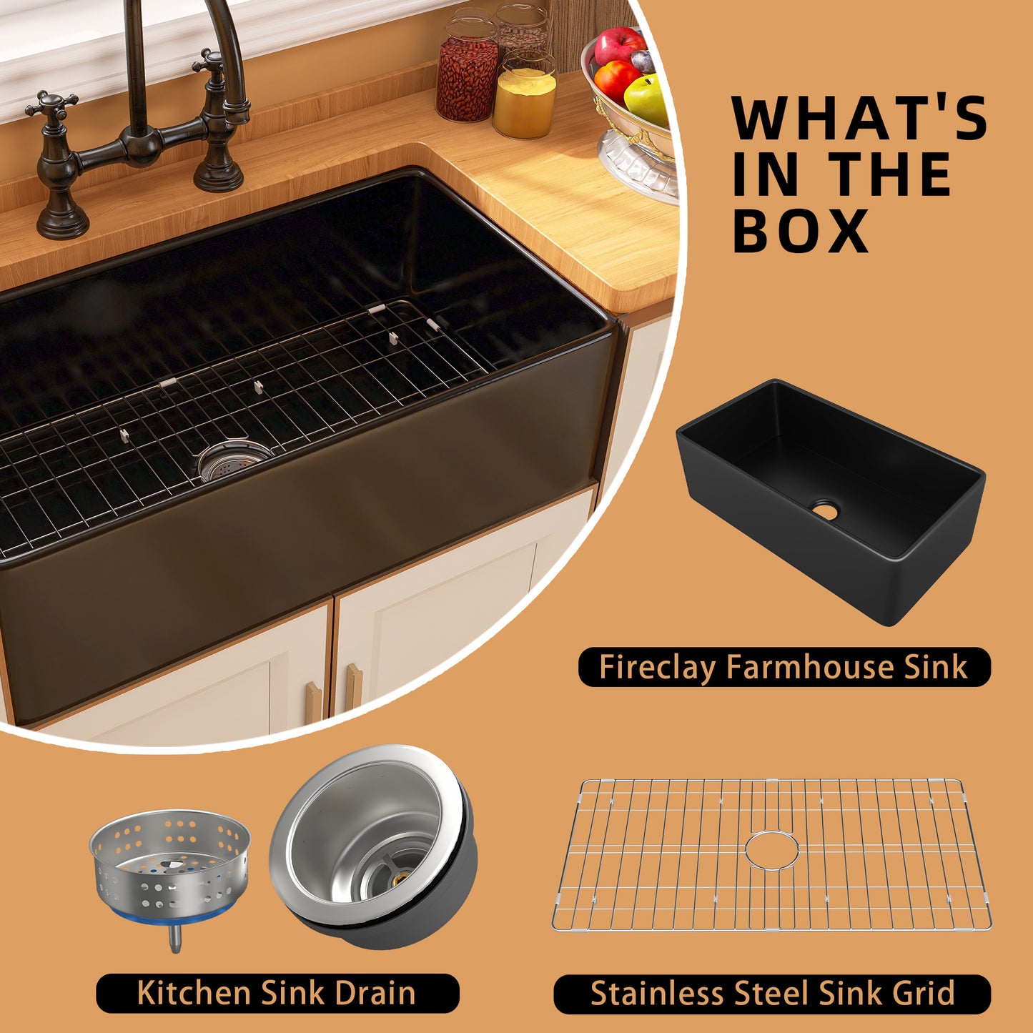 33 Black Fireclay Farmhouse Kitchen Sink with Bottom Grid and Drain