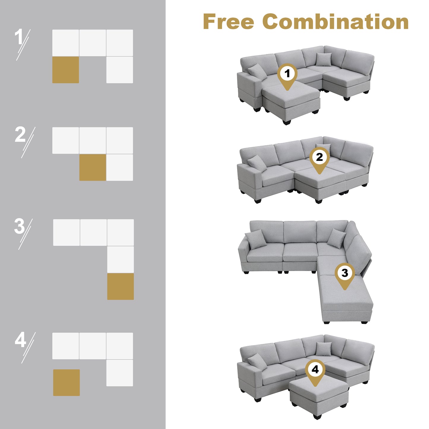 Modern 5-Seat Sectional Sofa Set with Convertible Ottoman