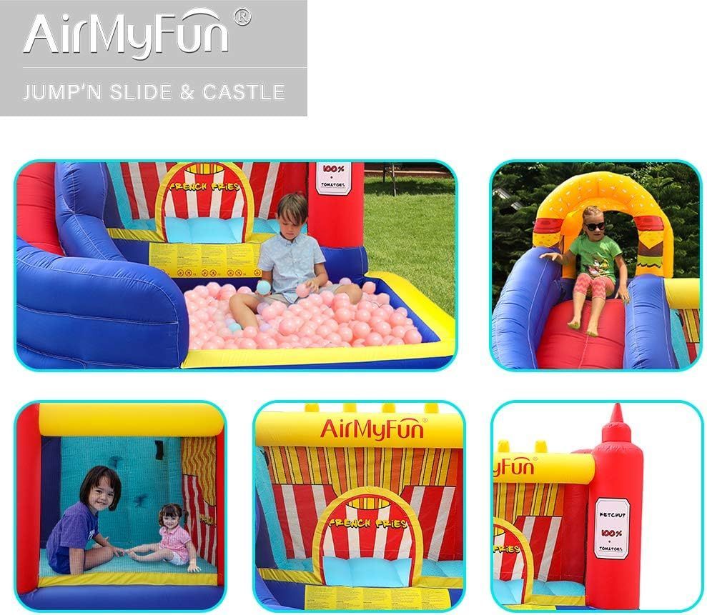 AirMyFun Food Bouncy Castle with Hamburger and Ketchup Shape, Jump & Slide Area with Safety Net